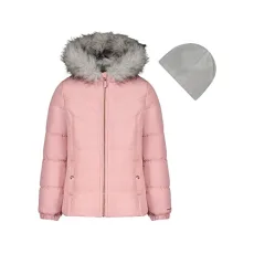 Girls winter puffer jacket with fleece hat, Solid Pink, 7-8 Girls winter puffer jacket with fleece hat, Solid Pink, 7-8