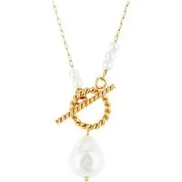Gold Stainless Steel Pearl T-Bar Necklace - 43cm