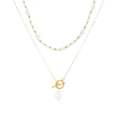 Gold Stainless Steel Pearl T-Bar Necklace Set - Gold