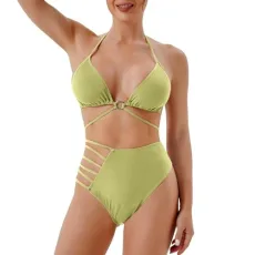 Halterneck Strappy Back Bikini Sets for Women High Waist Triangle Bikinis Bow Tie Back Swimsuits Ladies Vintage Solid Beach Bathing Suit 2 Pieces Green