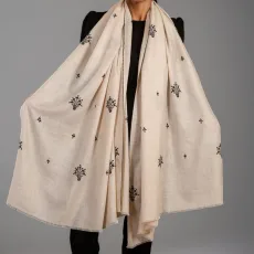 Hand Embroidered Pashmina Shawl - Natural & Hand Embroidered Pashmina Shawl - Natural &