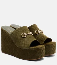 Horsebit GG suede wedge mules