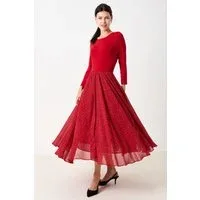 Huxley Raindrop Jersey Top Printed Circle Skirt Midaxi Dress - Red Huxley Raindrop Jersey Top Printed Circle Skirt Midaxi Dress - Red