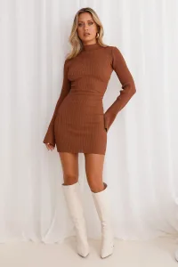 Isla Ribbed Long Sleeve Mini Dress Brown Isla Ribbed Long Sleeve Mini Dress Brown