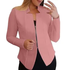 Jackets For Women Oversized Long Sleeve Blazer Plus Size Formal Zipper Outerwear Elegant Business Work Zip Up Coats Solid Color Lightweight Overcoat Classic Workwear Trench Coat Autumn(Hot Pink,L)