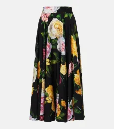Jupe midi en soie mélangée à fleurs Jupe midi en soie mélangée à fleurs