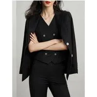 Khaki 3 Piece Elegant Tuxedo Double Buttons Peak Lapel Slim Fit Women Suit (BlazerVestPants) - US 12 Black Khaki 3 Piece Elegant Tuxedo Double Buttons Peak Lapel Slim Fit Women Suit (BlazerVestPants) - US 12 Black
