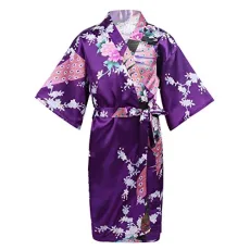 Kids Girls Peacock Satin Kimono Robe Bathrobe Pajamas Nightgown for Party Wedding Fancy Sleepwear Purple 5-7 Years