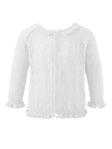 Kids Girls Schoolwear Sweater Hollow Ruffle Hem Sweatshirt Long Sleeve Button Down School Knitted Cardigans White 3-4 Years