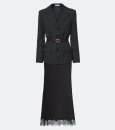 Lace-trimmed belted blazer dress Lace-trimmed belted blazer dress