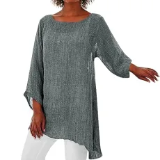 Ladies Casual Cotton Linen Tshirt Dress Boho Beachwear Flowy Long Sleeve Baggy Dresses Swimsuit Coverup Sarong Loose Blouses for Lady Grey