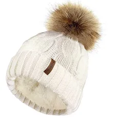 Ladies Chunky Soft Cable Knit Hat with Cosy Fleece Liner and Detachable Faux Fur Pompom-Cream Ladies Chunky Soft Cable Knit Hat with Cosy Fleece Liner and Detachable Faux Fur Pompom-Cream