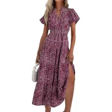 Ladies Elegant Bohemian V Neck Puff Sleeves Long Midi Dress Summer Trendy Floral Print Swing Dress High Waist Smocked Maxi Wrap Dresses Flattering Flowy Beach Dress Italian Holiday Clothing for Women