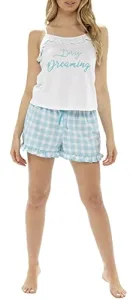 Ladies Jersey Cami Top with Woven Check Shorts Pyjamas Set Blue 8-10 Ladies Jersey Cami Top with Woven Check Shorts Pyjamas Set Blue 8-10
