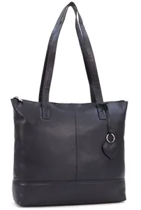 Ladies Leather Tote Bag With Zip - Large Shoulder Bag / A4 Work Bag - With Heart Keyring Charm - OTHELLO 9101A - Black Ladies Leather Tote Bag With Zip - Large Shoulder Bag / A4 Work Bag - With Heart Keyring Charm - OTHELLO 9101A - Black