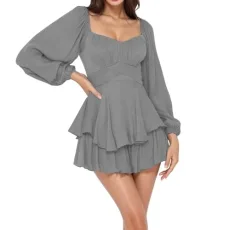 Ladies Long Lantern Sleeve Mini Dress A Line Ruffle Trim Casual Beach Dresses Sexy Bodycon Corset Short Wrap Party Dress Trendy Clubwear for Women Grey