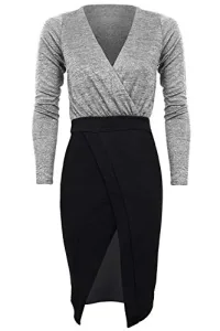 Ladies Plunge V Neck Wrap Glitter Heather Lined Lurex Split Midi Bodycon Dress [Silver, UK 10]