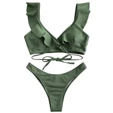 Lalaluka Bikini Women's Swimsuit Set High Waist Flounce Two Piece Lace Up Two Piece Swimwear Swimsuit Bikini Top Bikini Bottoms Swimsuit Beach Bikini Swimwear - Green - M