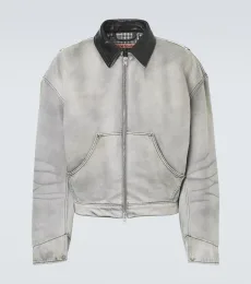 Leather-trimmed denim jacket Leather-trimmed denim jacket