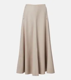 Leather-trimmed wool flannel midi skirt Leather-trimmed wool flannel midi skirt