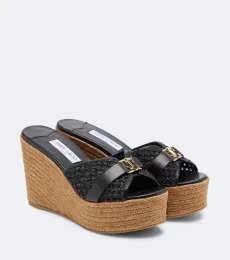 Leda leather-trimmed raffia wedge mules