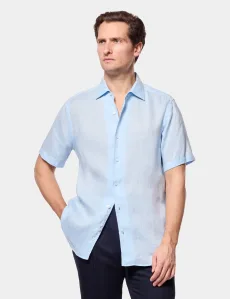 Light Blue Linen Shirt Short Sleeve Plain Men's