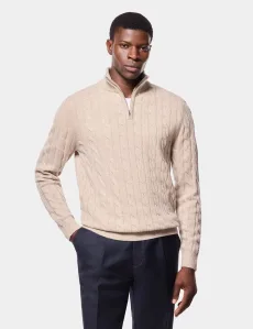 Light Sand Cable Knit Half Zip Jumper Lambswool Plain Men's Light Sand Cable Knit Half Zip Jumper Lambswool Plain Men's