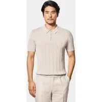 Light Taupe Inverted Rib Knitted Polo Shirt Cotton Plain Men's Light Taupe Inverted Rib Knitted Polo Shirt Cotton Plain Men's