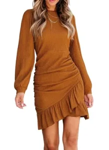 Long Sleeve Mini Dress for Women Empire Waist Bodycon Ruched Dress Short Ruffle Casual Dress(Medium,Brown)
