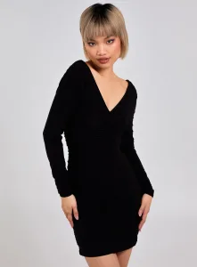 Long Sleeve Plunge Neck Ruched Dress Black