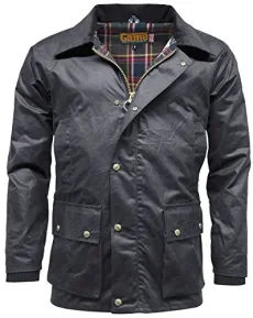 Mens Barker Wax Jacket with Detachable Hood & Tartan Linning (L, Navy) Mens Barker Wax Jacket with Detachable Hood & Tartan Linning (L, Navy)