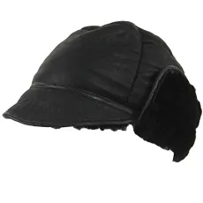Mens Black Real Sheepskin Stud Trapper Hat. Leather Bound with Single Top Panel. (Large - 62cm) Mens Black Real Sheepskin Stud Trapper Hat. Leather Bound with Single Top Panel. (Large - 62cm)