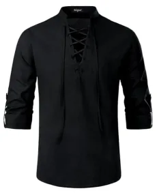 Mens Cotton Linen Shirts Lace up Medieval Vintage Costume Long Sleeve Classic Scottish Jacobite Ghil