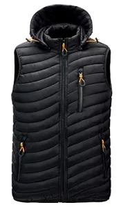Men's Down Gilet Hooded Body Warmer Lightweight Sleeveless Jacket Warm Quilted Vest Padded Waistcoat Packable Puffer Coat Waterproof A Black L