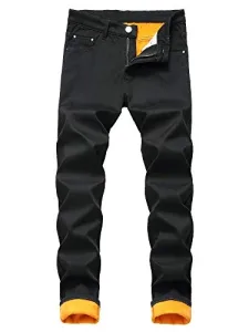 Mens Fleece Lined Jeans Straight Trousers Denim Thermal Jeans Winter Warm Thick Pants with Pockets for Hiking Camping Climbing 34 Black