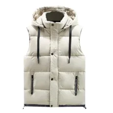 Mens Gilet with Hooded Body Warmer Winter Quilted Padded Vest Casual Sleeveless Jacket Beige XL
