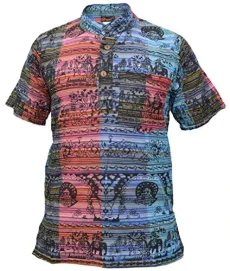 Mens Grandad Collar Short Sleeve Animal Printed Striped Shirt X-Large Mens Grandad Collar Short Sleeve Animal Printed Striped Shirt X-Large