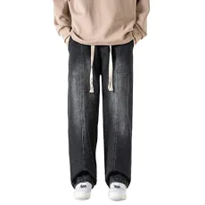 Men's Jeans with Drawstring Men's Slim Jeans Men's High Street Washed Old Jeans American Gradual Loose Straight Tube Floor Sweeping Wide Leg Pants Cargo Trousers Women 44 Casual Trousers Men, black, S