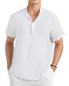 Mens Linen Shirts Short Sleeve Summer Beach Holiday Henley Shirt Lightweight Plain White Grandad Col
