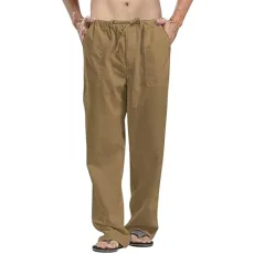 Men's Long Linen Straight Leg Trousers Lightweight Spring Relaxed Fit Casual Yoga Pants Solid Colors Beach Leisure Lounge Trousers Loose Fit Baggy Bohemian Bottoms for Men Khaki