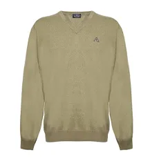 Mens Long Sleeved/V-Neck Knitwear Jumper with Logo in Beige (M) Mens Long Sleeved/V-Neck Knitwear Jumper with Logo in Beige (M)
