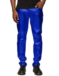 Mens Metallic Shiny Pants Disco Pants 70s Party Dance Night Club Pants Straight Leg Trousers, Luxurious Blue, Medium