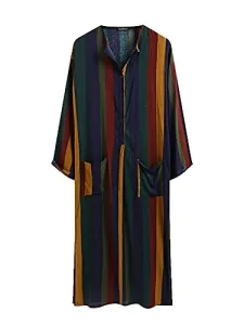 Men's Muslim Dress Casual Shirt Button Long Sleeve Striped Muslim Robe Pocket Round Neck Kaftan Thobe Long Gown Cotton M Yellow