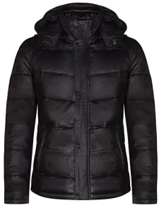 Men's Puffer Black Leather Quilted Warm Bomber Hooded Jacket XS Men's Puffer Black Leather Quilted Warm Bomber Hooded Jacket XS
