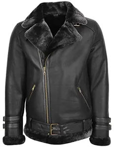 Mens Real Sheepskin Aviator Jacket Cross Zip Flying Style Alvin Black (3XL) Mens Real Sheepskin Aviator Jacket Cross Zip Flying Style Alvin Black (3XL)