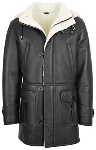 Mens Real Sheepskin Duffle Hooded Coat 3/4 Length Shearling Vincent (XL, Black) Mens Real Sheepskin Duffle Hooded Coat 3/4 Length Shearling Vincent (XL, Black)