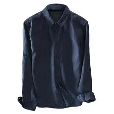 Mens Regular Fit Button Down Long Sleeve Linen Shirt Navy Blue 3XL