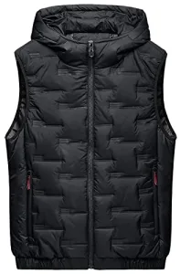 Men's Sleeveless Hooded Jacket Cotton Quilted Gilet Warm Winter Vest Down Body Warmer with Hood Zip Pockets Padded Waistcoat Lightweight Windproof Gilet Short Zip Up Sleeveless Coat Black M
