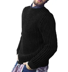 Men's Slim Round Neck Pullover Jumper Sweater Solid Color Crew Neck Black