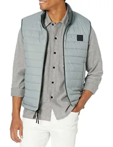 Men's Square Logo Down Filled Puffer Vest Down Coat, Dark Slate Green, 34